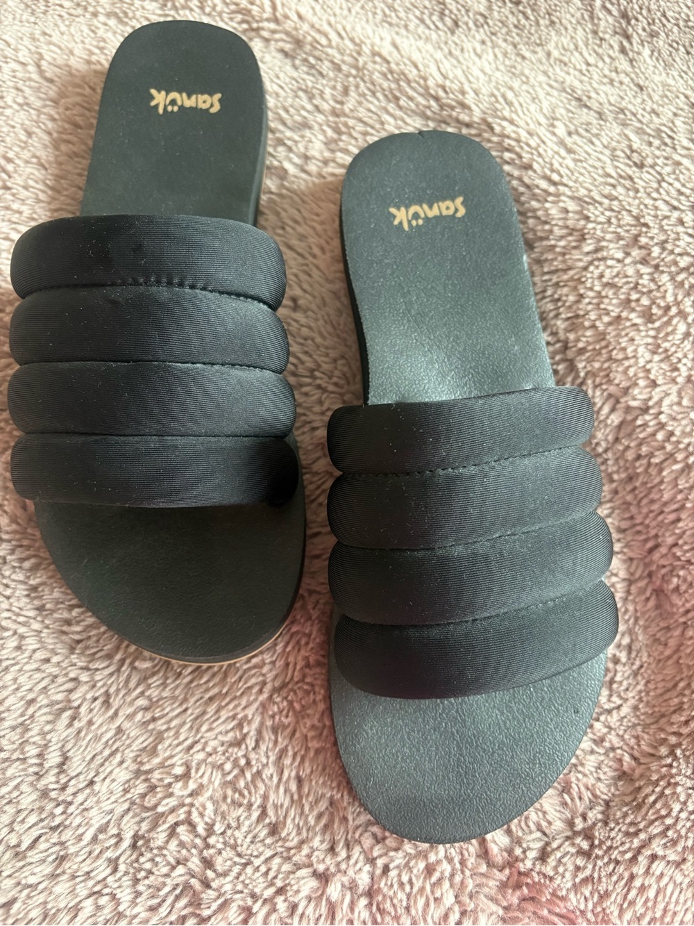Sanuk Black Quilted Slide Sandals for Women